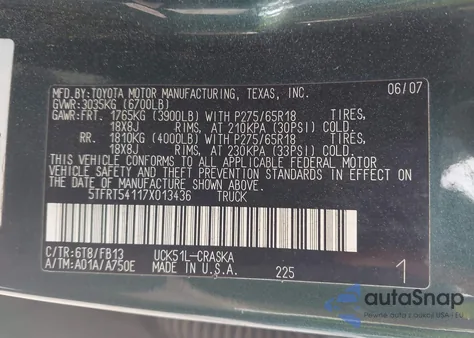 2007 Toyota Tundra Sr5 4.7L V8 from USA, damaged, VIN 5TFRT54117X013436